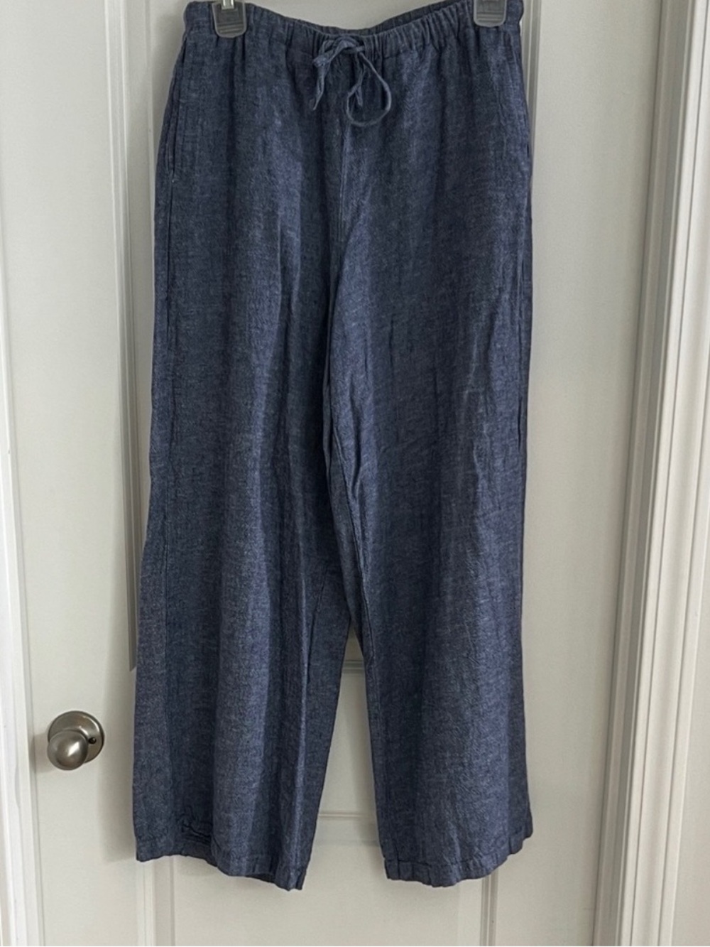 Wide Leg Drawstring Linen-Blend Pants - Navy